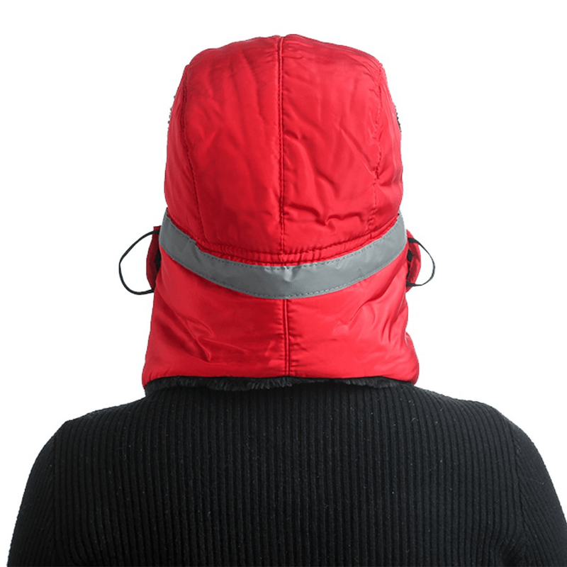 Back view of red winter windproof unisex ski cap with earflaps and closed neck for cold weather protection.